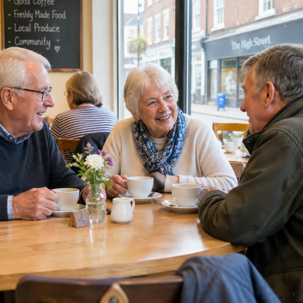 Members chatting over coffee in a local café